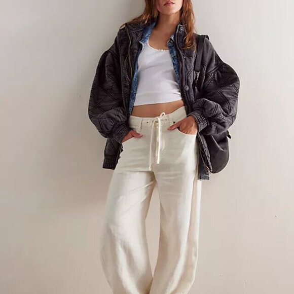Free People Juno Jacket Black Bomber Puff Sleeve Zipper Oversized Shirred New L